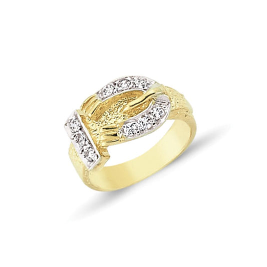 Kids 2-Colour 9ct Gold CZ Carved HorseShoe Belt Buckle Ring - G9R9014