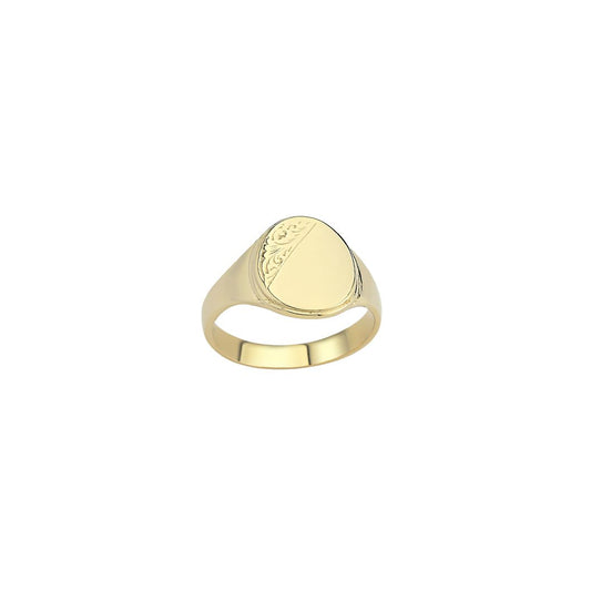 Mens 9ct Gold Semi Carved Oval Engraved Signet Ring - G9R9020