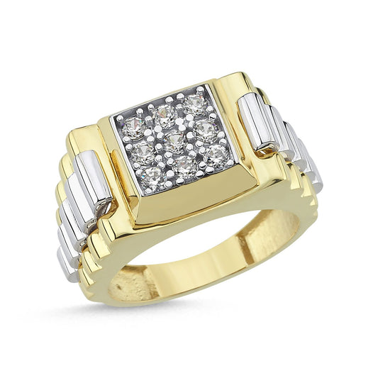 Mens 2-Colour 9ct Gold CZ Presidential Watch Strap Signet Ring - G9R9022