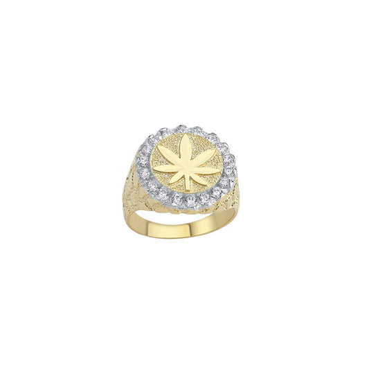 Mens 9ct Gold CZ Carved Lizard Marijuana Leaf Halo Signet Ring - G9R9025