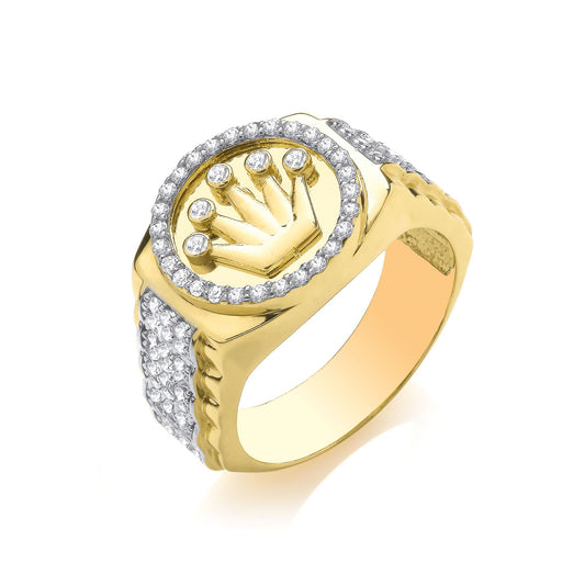 Mens 2-Colour 9ct Gold CZ Presidential Watch Crown Signet Ring - G9R9026