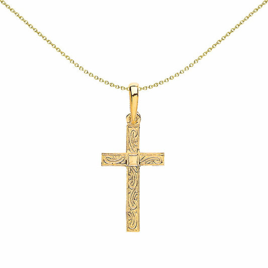 Unisex 9ct Gold Carved Filigree Frame Religious Cross Pendant - G9X0002
