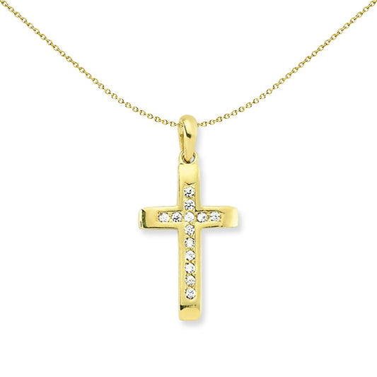 9ct Gold CZ Channel Set Bevelled Religious Cross Pendant - G9X0008