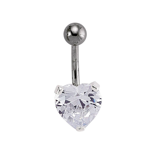 Sterling Silver Solitaire CZ Love Heart & Steel Belly Bar Ball - GBB20