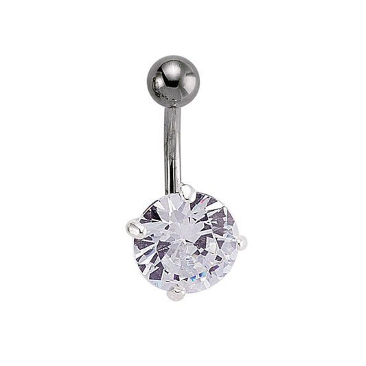 Silver Solitaire Round CZ & Stainless Steel Banana Belly Bar Ball - GBB21
