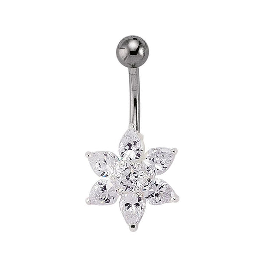 Silver CZ Flower Cluster & Stainless Steel Banana Belly Bar Ball - GBB22