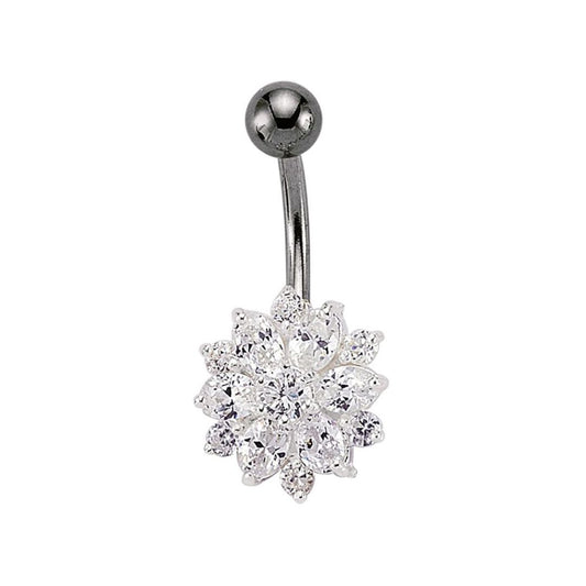 Silver CZ Flower Cluster & Stainless Steel Banana Belly Bar Ball - GBB23