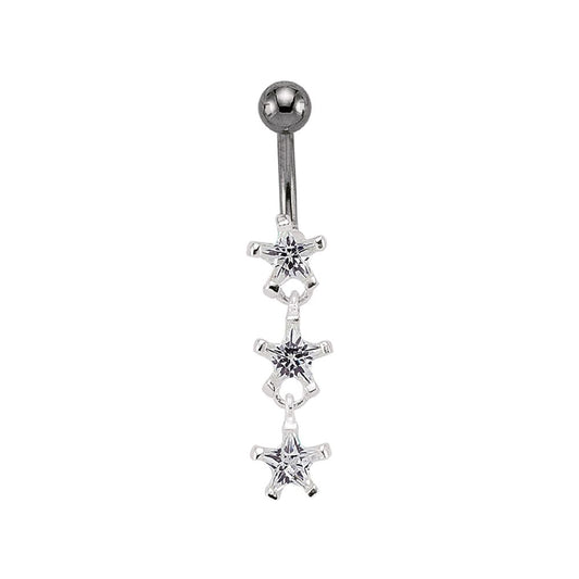Sterling Silver CZ Star Trilogy & Stainless Steel Belly Bar Ball - GBB24