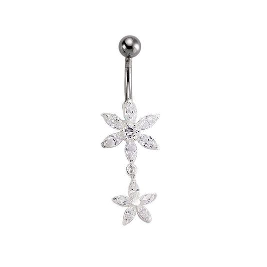 Sterling Silver CZ Flower Drop & Stainless Steel Belly Bar Ball - GBB26