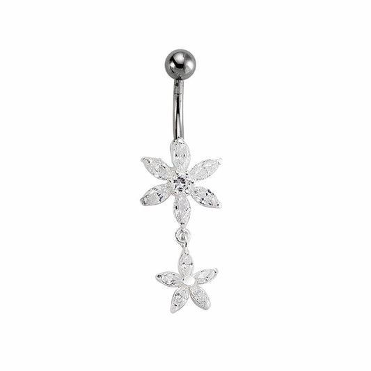 Sterling Silver CZ Flower Drop & Stainless Steel Belly Bar Ball - GBB26
