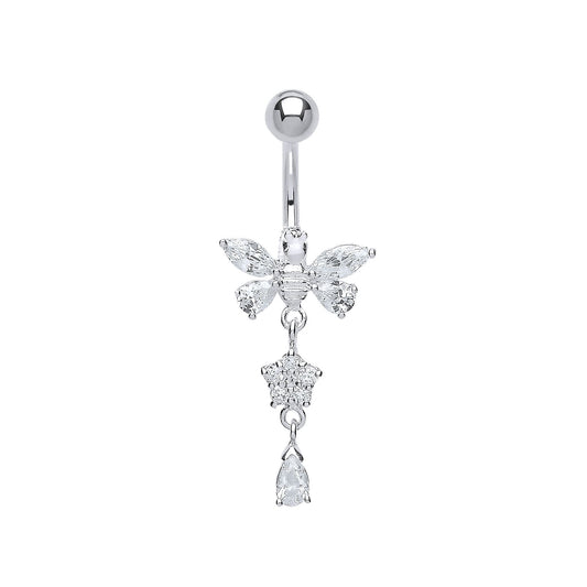 Sterling Silver Marquise Pear CZ Butterfly & Steel Belly Bar Ball - GBB36