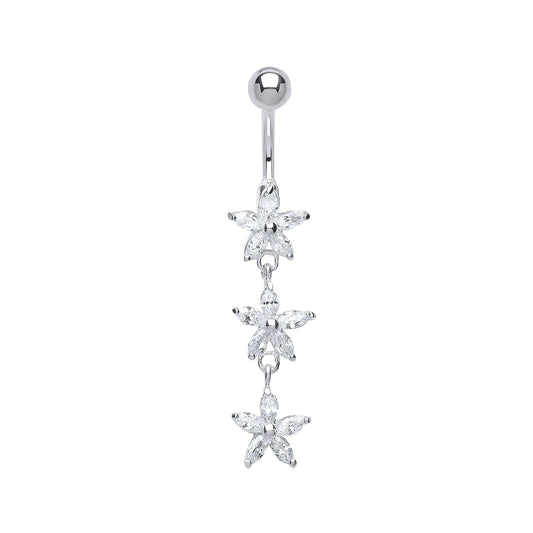 Sterling Silver Marquise CZ Trilogy Daisy & Steel Belly Bar Ball - GBB39