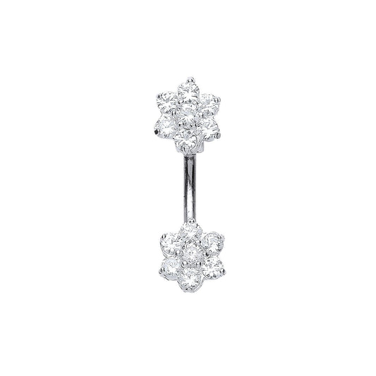 Sterling Silver CZ Double Flower Cluster Banana Belly Bar - GBB46