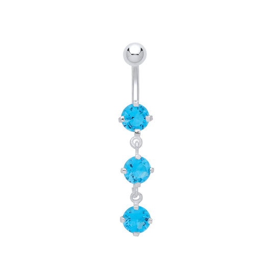 Silver Swiss Blue CZ Trilogy Chandelier Steel Belly Bar & Ball - GBB51AQ