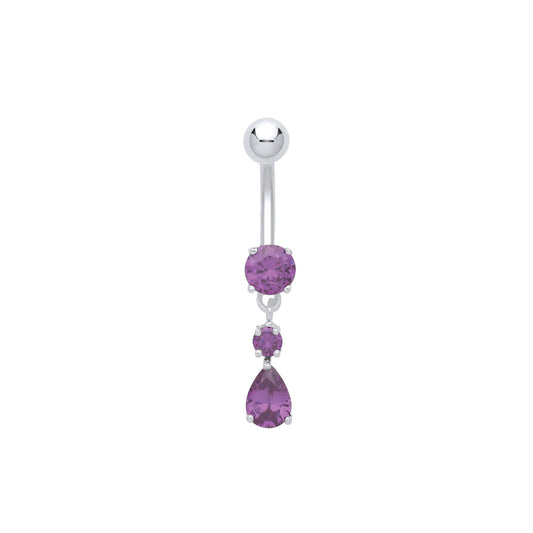 Silver Purple Pear CZ Trilogy Chandelier Steel Belly Bar & Ball - GBB52