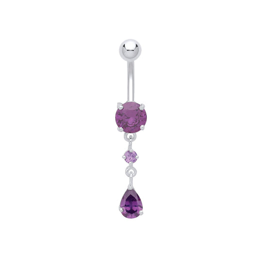 Silver Purple Pear CZ Trilogy Chandelier Steel Belly Bar & Ball - GBB53