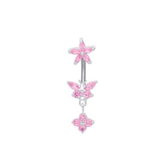 Silver Pink CZ Buttefly Starfish Daisy Steel Belly Bar & Ball - GBB55