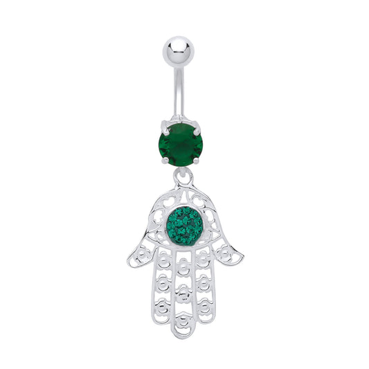 Silver Green Crystal CZ Hamsa with Steel Belly Bar & Ball - GBB56