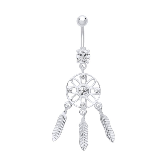 Silver CZ Wind Chime Dream Catcher with Steel Belly Bar & Ball - GBB61