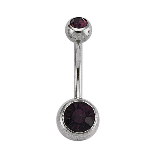 Stainless Steel Double Purple Crystal Ball Banana Belly Bar - GBB7
