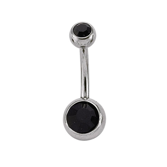 Stainless Steel Double Noir Black Crystal Ball Banana Belly Bar - GBB8