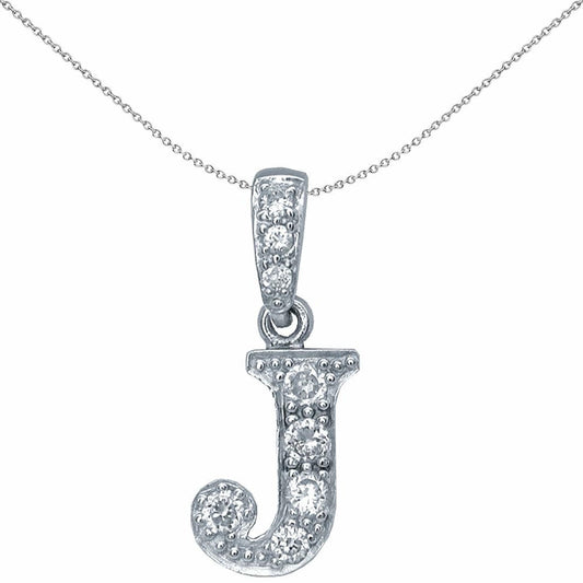 Silver CZ Letter J Initial Pendant Necklace 18 inch - GIN2-J