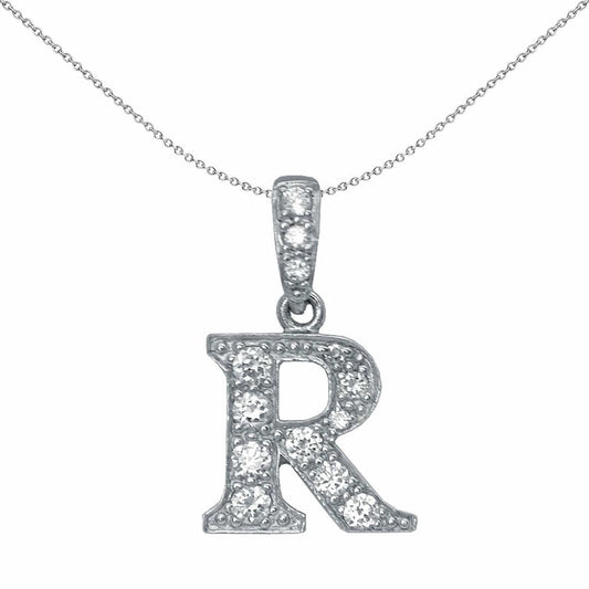 Silver CZ Letter R Initial Pendant Necklace 18 inch - GIN2-R