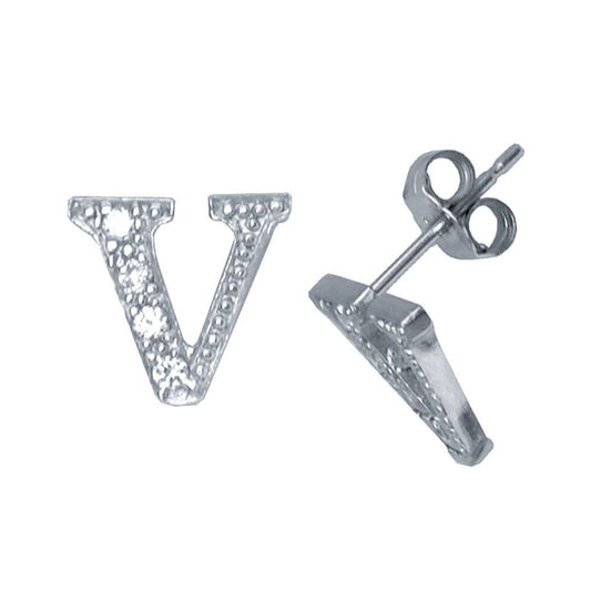 Sterling Silver Initial Identity Stud Earrings Letter V - GIN3-V