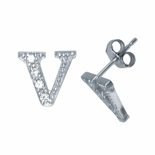 Sterling Silver Initial Identity Stud Earrings Letter V - GIN3-V