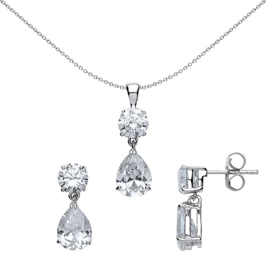 Silver Pear CZ Tears of Joy Toi et Moi Earrings Necklace Set - GSET500