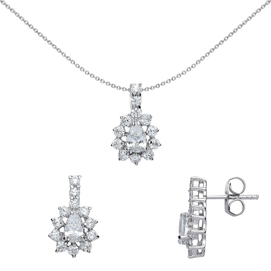 Silver Pear CZ Cluster Drop Earrings Necklace Set 18 inch - GSET501