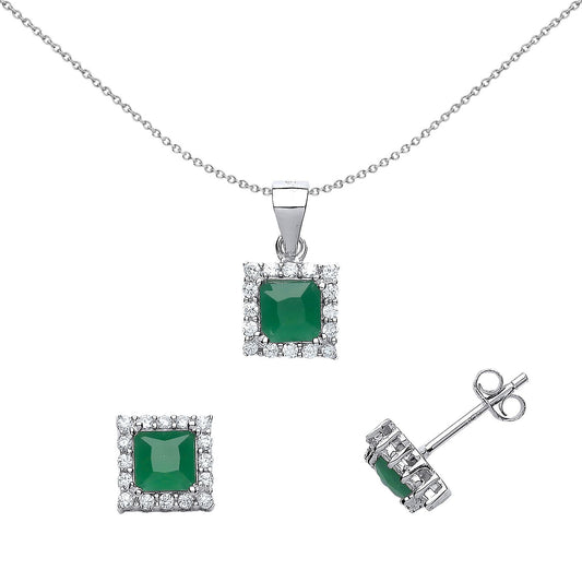 Silver Green Princess CZ Halo Princess Earrings Necklace Set - GSET502