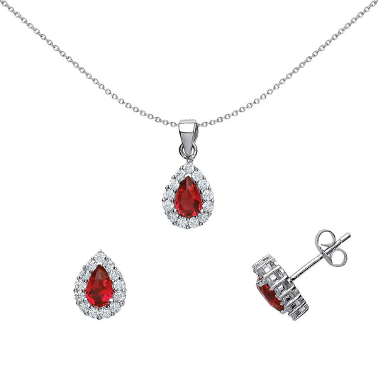 Sterling Silver Red Pear CZ Halo Earrings Necklace Set - GSET503