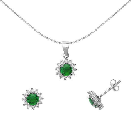 Silver green CZ Sunshine Cluster Solitaire Earrings Necklace Set - GSET505EM