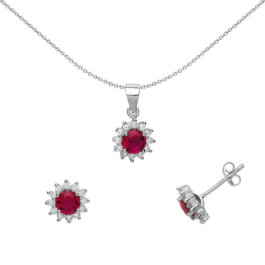 Silver Rose red CZ Sunshine Cluster Earrings Necklace Set - GSET505RUBY