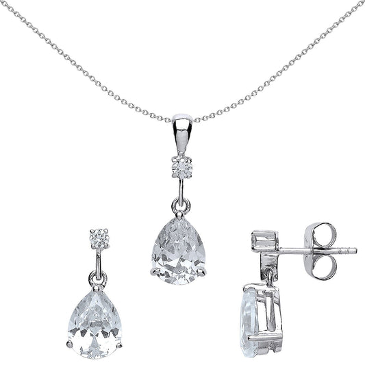 Silver Pear CZ Tears of Joy Toi et Moi Earrings Necklace Set - GSET506