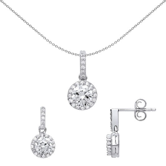 Silver CZ Halo Earrings Necklace Set - GSET608