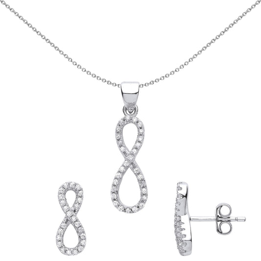 Silver CZ Infinity Earrings Necklace Set - GSET609