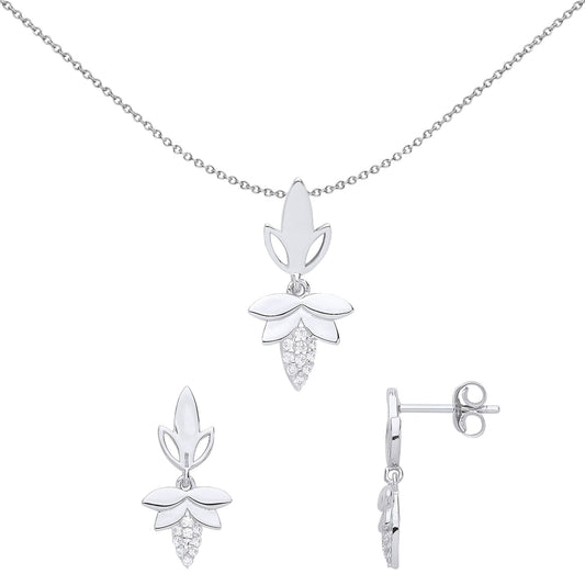Silver CZ Sweetcorn Leaf Earrings Necklace Set - GSET611