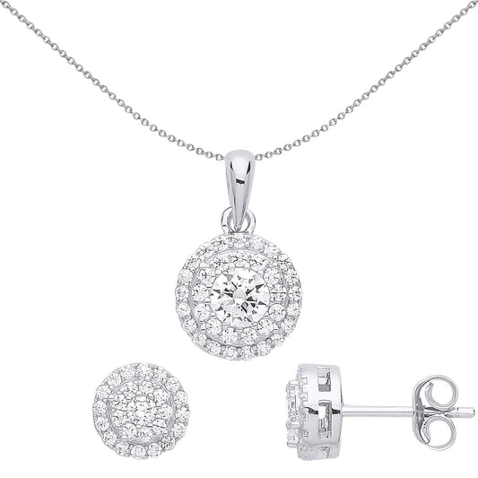 Silver CZ 2 Tier Halo Solitaire Earrings Necklace Set - GSET613