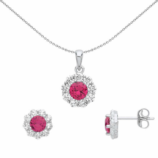 Silver Red CZ Round Classic Cluster Earrings Necklace Set - GSET614
