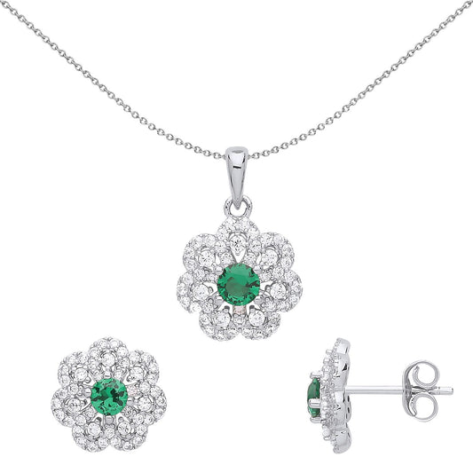 Silver Green CZ Daisy Flower Cluster Earrings Necklace Set - GSET615
