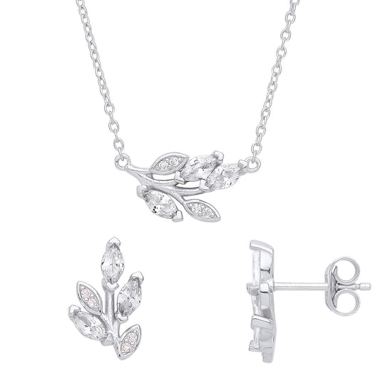 925 Silver Marquise CZ Tree Branch Leaves Earrings Necklace Set - GSET616