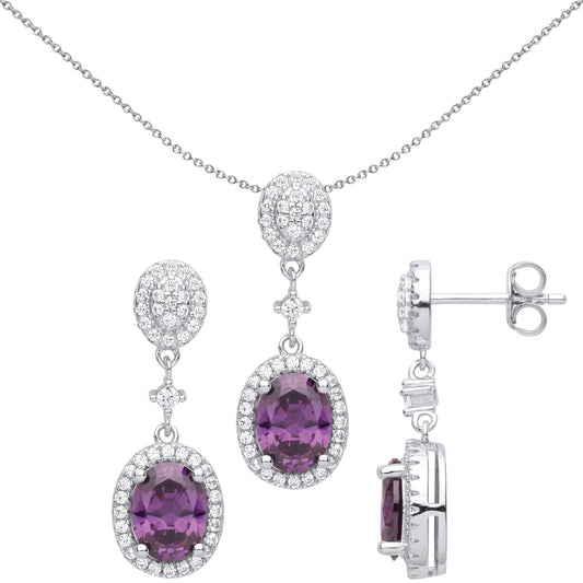 Silver Purple Oval CZ Double Halo Raindrop Earrings Necklace Set - GSET618