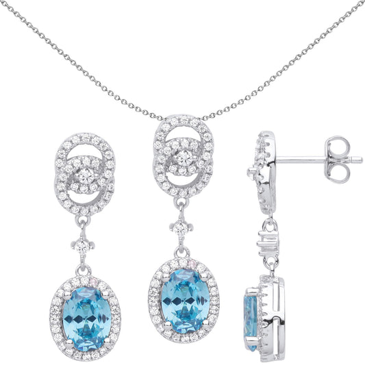 Silver Blue Oval CZ Double Halo Raindrop Earrings Necklace Set - GSET620