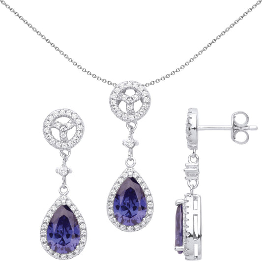 Silver Blue Pear CZ Fan Halo Raindrop Earrings Necklace Set - GSET621