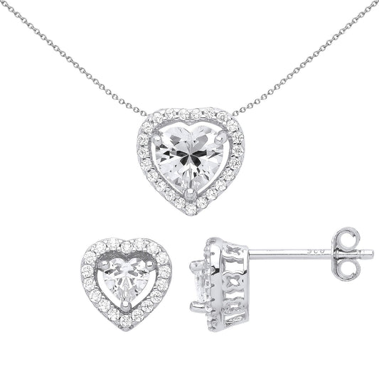 Sterling Silver Heart CZ Love Heart Halo Earrings Necklace Set - GSET622