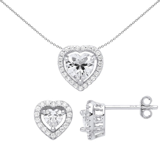 Sterling Silver Heart CZ Love Heart Halo Earrings Necklace Set - GSET622