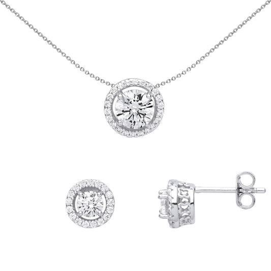 925 Sterling Silver CZ Round Halo Solitaire Earrings Necklace Set - GSET623