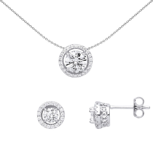 925 Sterling Silver CZ Round Halo Solitaire Earrings Necklace Set - GSET623